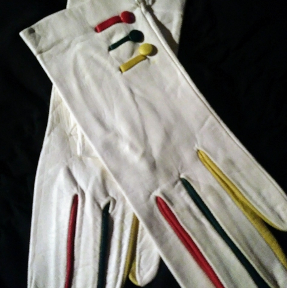 Vintage White/Cream Leather Gloves with bright inserts
